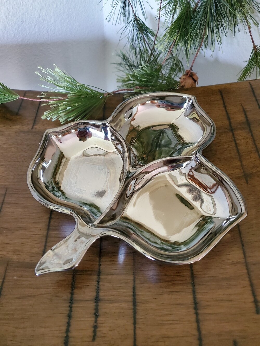 Vintage MCM Mercury Glass Divided Maple Leaf Dish Silver Lusterware